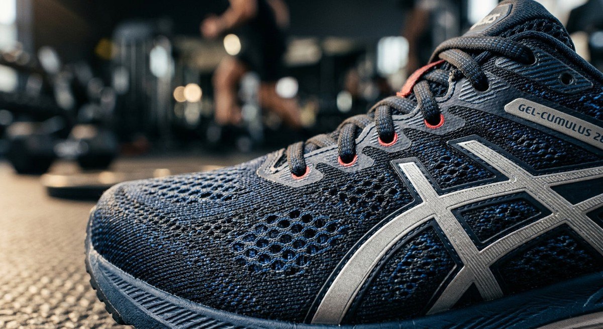 Macro shot of the engineered mesh upper on the ASICS Cumulus 28 showing texture and material detail.