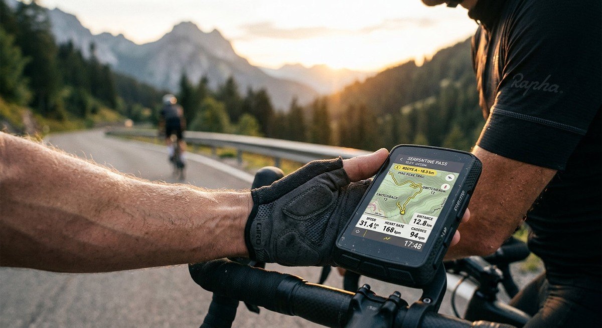 Macro shot of the Hammerhead Karoo 3 interface showing high-resolution mapping data, featuring realistic textures and sharp focus on the device screen.