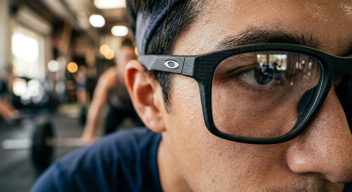 Macro shot of the Oakley RSLV Lite frame texture highlighting the carbon-infused polymer and lens clarity.