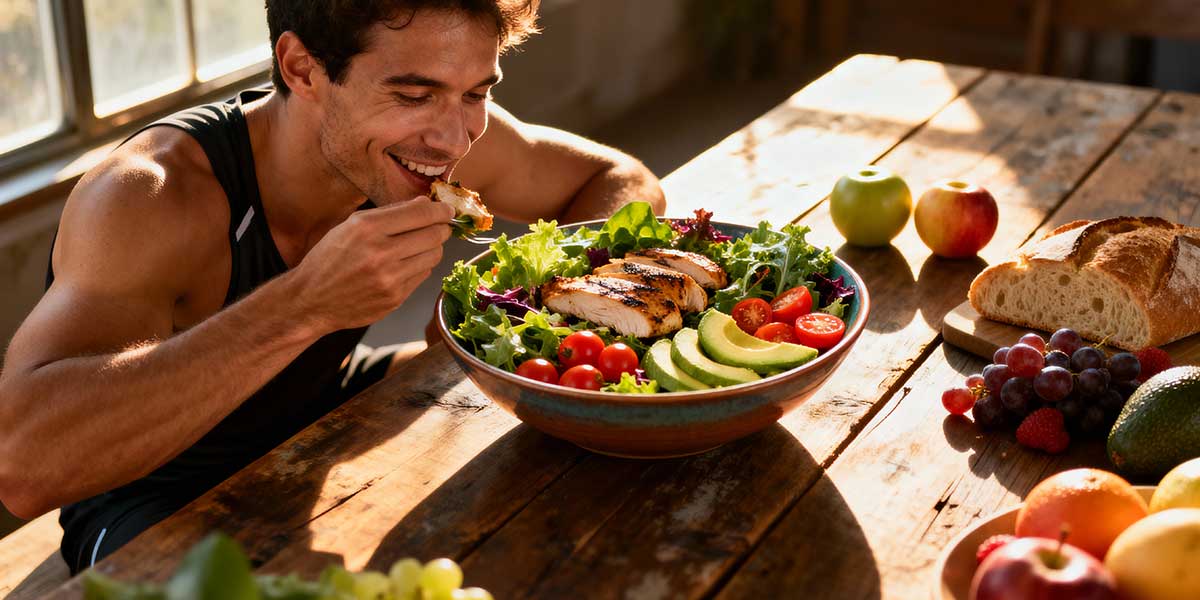 Full length shot of a male athlete sitting at a table enjoying a large bowl of healthy, colorful food.