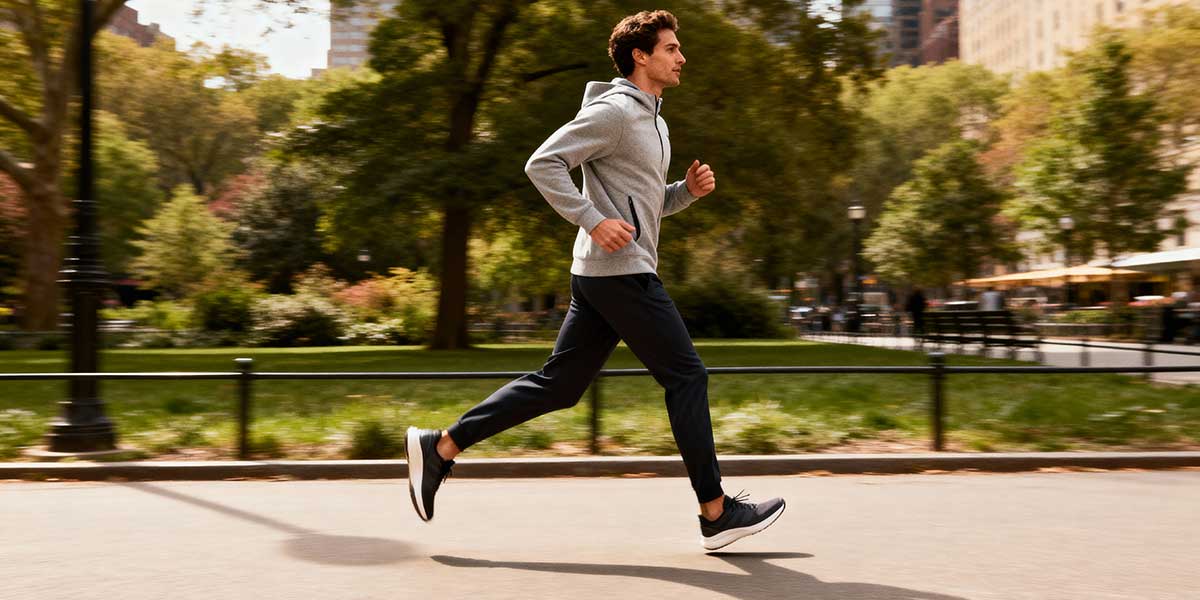 Full length photo of a fit male athlete jogging effortlessly through a park setting.