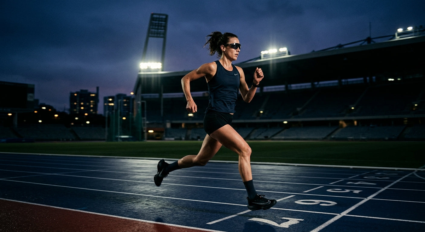 Moody athletic lighting focused on a runner wearing sport eyewear in a stadium environment.