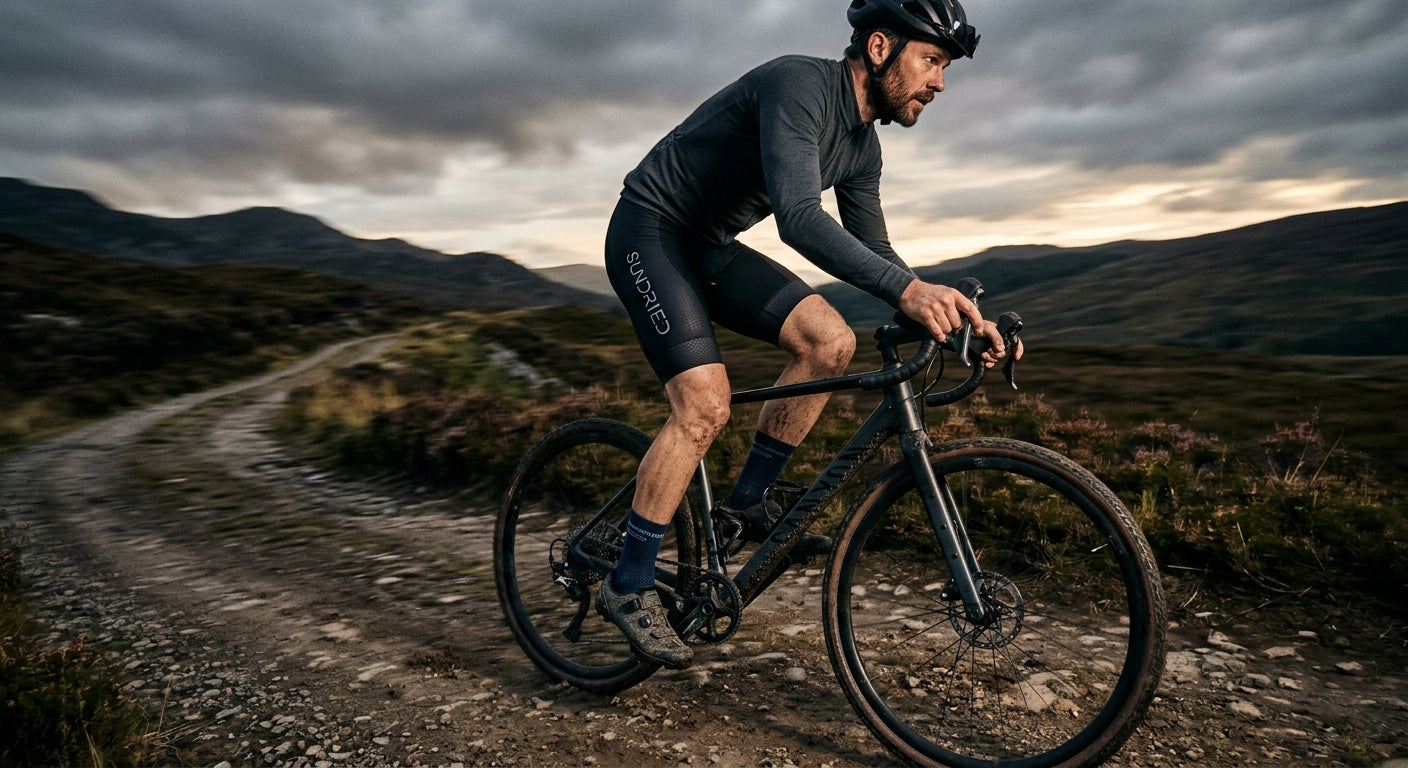 Moody cinematic athletic action photography showing a cyclist wearing Sundried gravel bib shorts and merino socks with sharp fine details and running motion blur