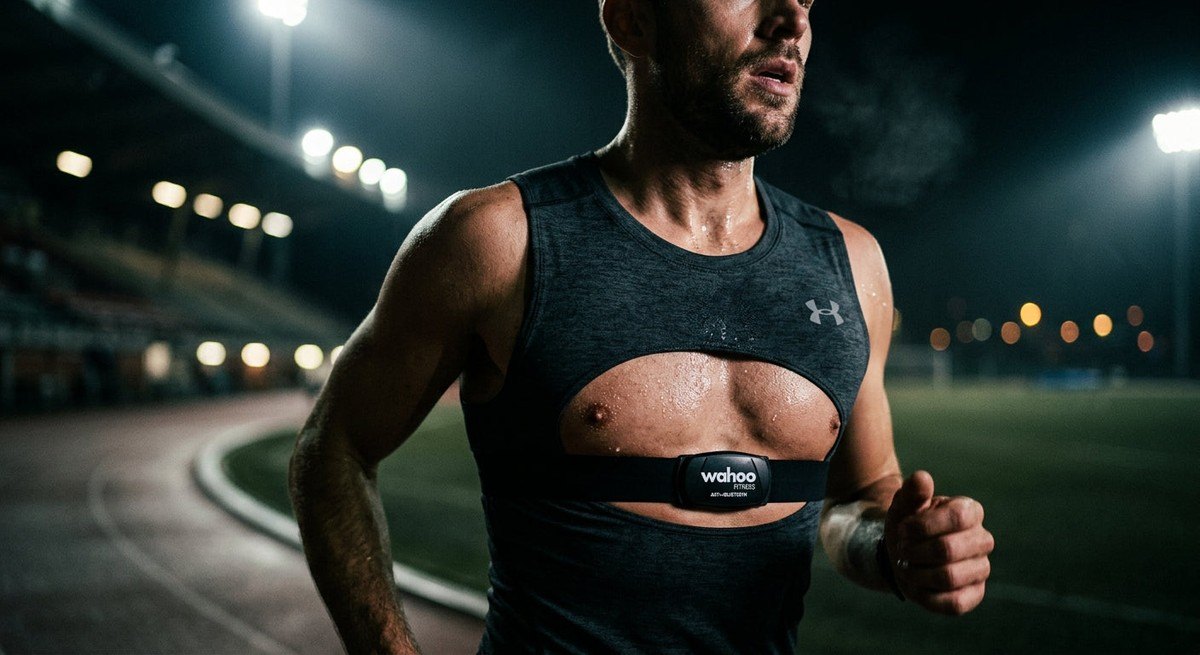 Moody, cinematic close-up of a focused runner's chest strap monitor with sharp details, set against a dark, high-contrast stadium background with glowing lights.