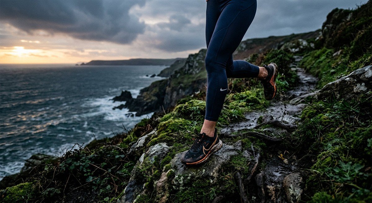 Moody, cinematic close-up of a runner's legs navigating rugged, moss-covered coastal trails at dawn.
