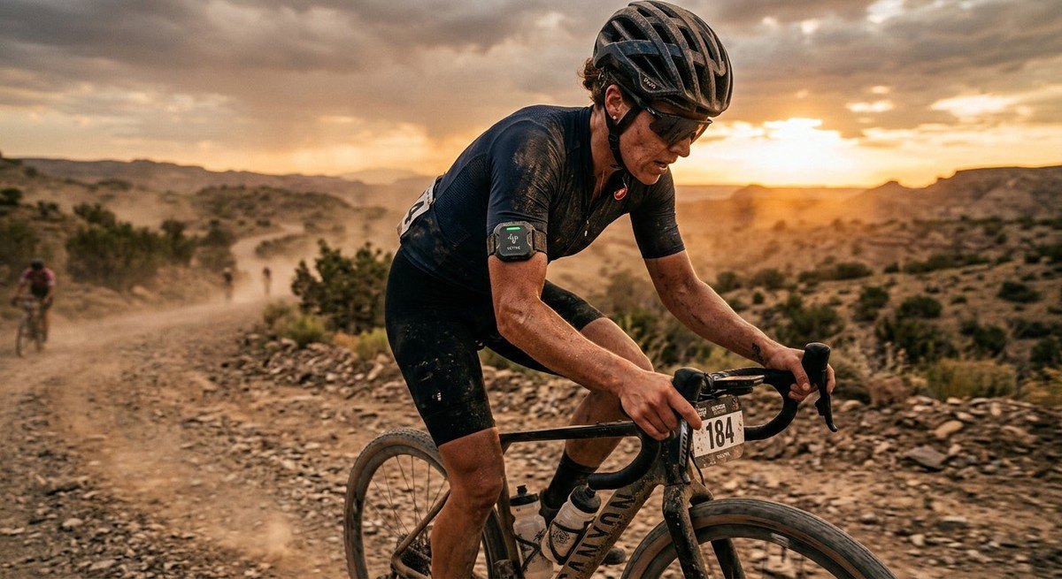 Moody, cinematic shot of a gravel cyclist competing in a hot, dusty environment with a sharp focus on the wearable sweat sensor on their arm.