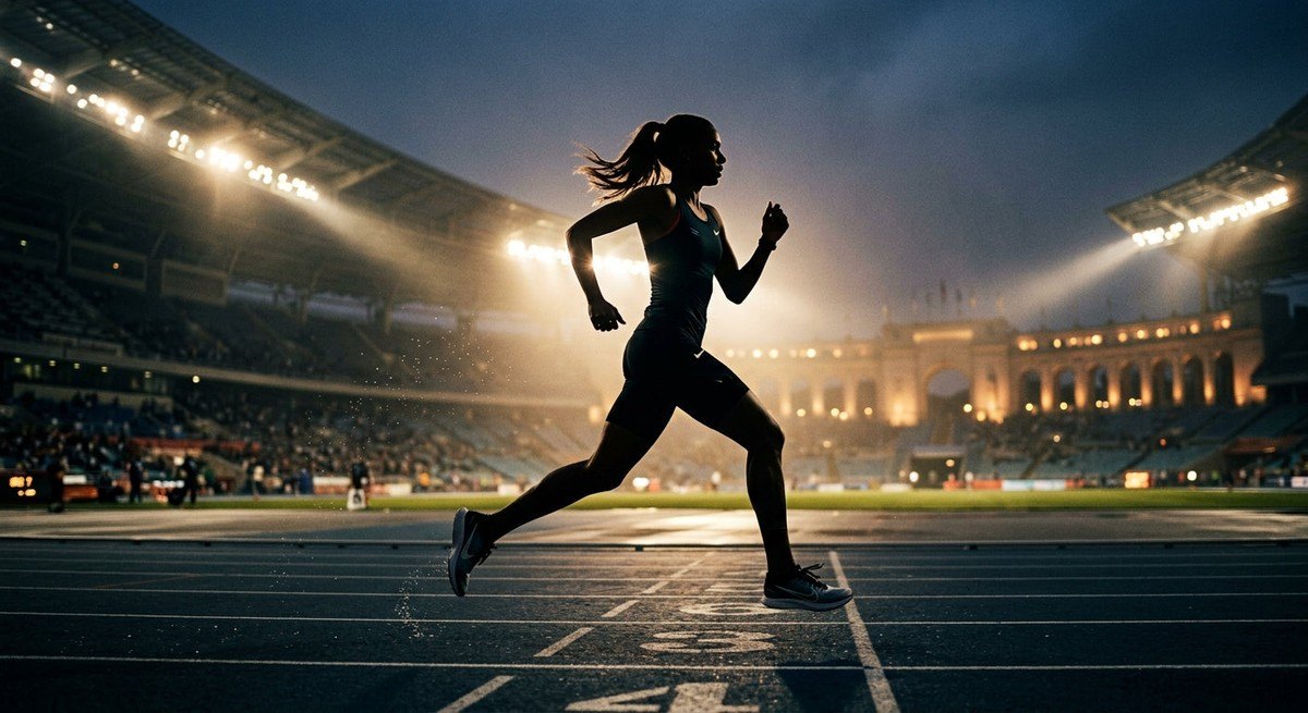 Moody, cinematic shot of a runner's silhouette against a backlit stadium backdrop, highlighting athletic gear and movement.