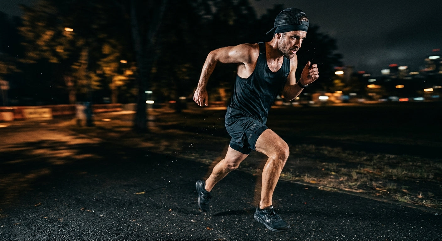Moody dramatic contrast showing a runner wearing a sweat-wicking headband and mesh cap, professional high-speed athletic action photography, sharp fine details, running motion blur.