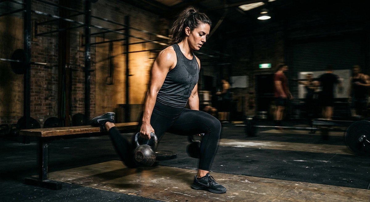 Moody, high-contrast action shot of an athlete engaged in unilateral leg exercises with motion blur to convey intensity.