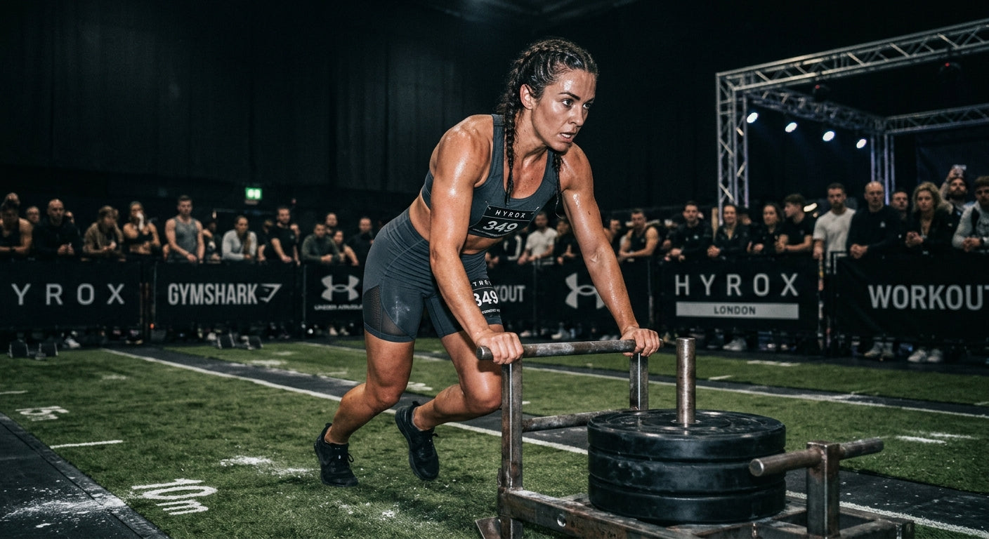 Moody, high-contrast shot of a determined competitor pushing a sled during a Hyrox race with realistic sweat and textures.