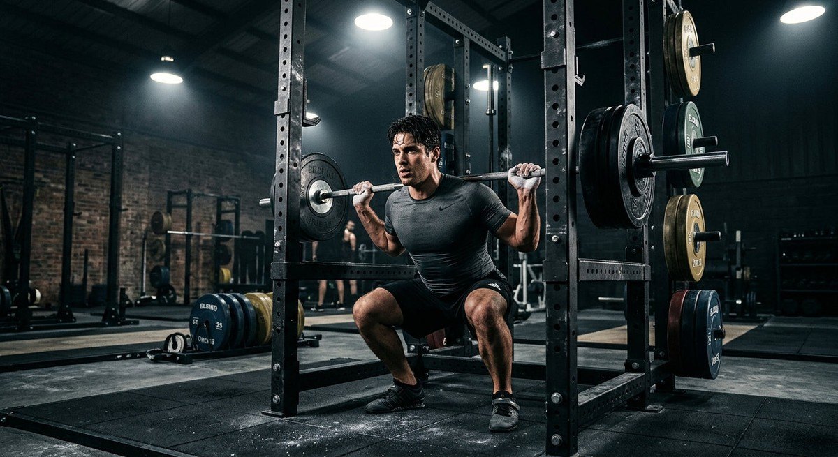 Moody, high-contrast shot of a steel power rack in an elite training facility with dramatic stadium lighting.