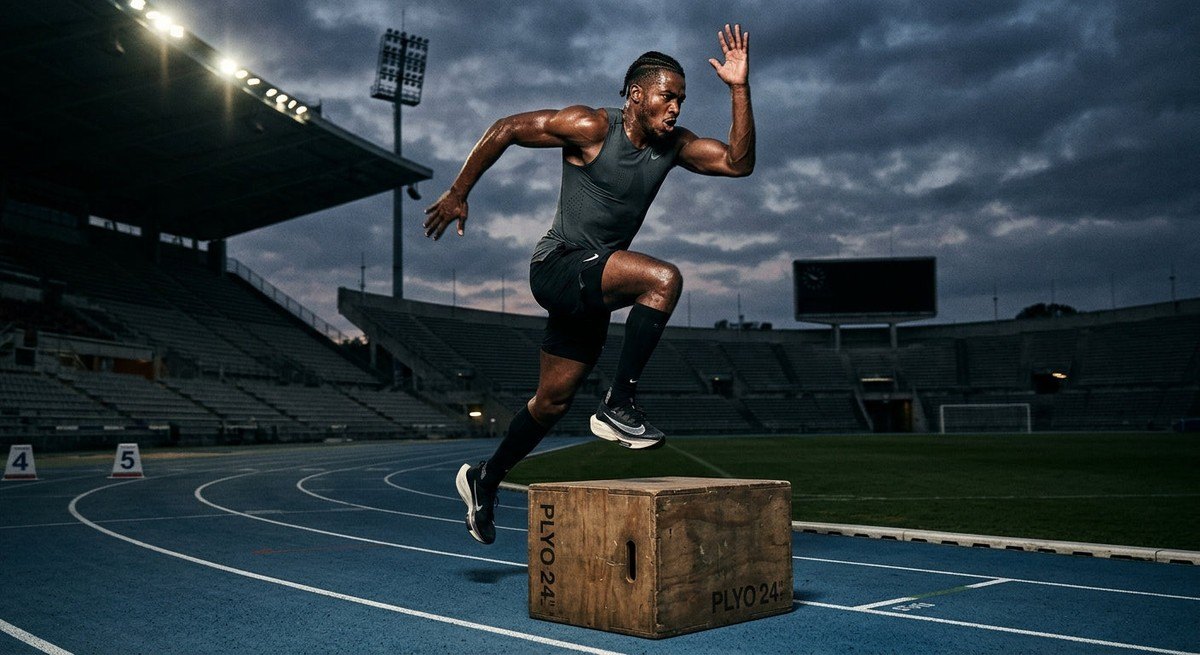 Moody, high-contrast shot of an athlete performing explosive box jumps on a professional track, showcasing intense focus and athletic power in a stadium setting.
