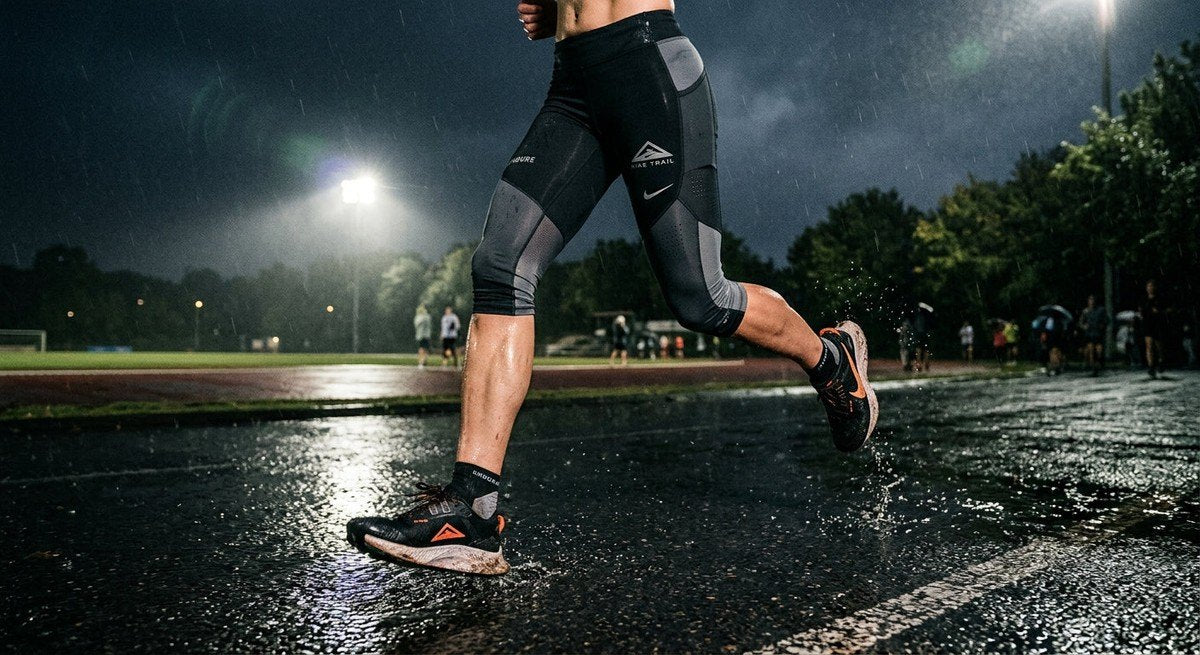 Moody, high-contrast shot of an endurance runner's legs in motion on a rainy road with dramatic stadium lighting