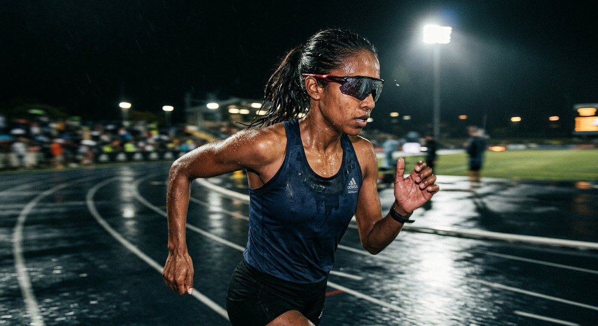 Moody, high-contrast shot of performance eyewear with realistic sweat and motion blur textures under stadium lights.