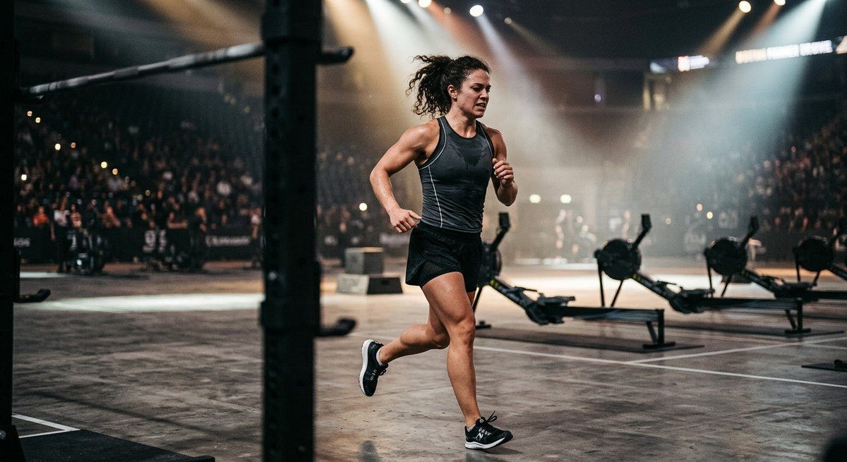 Moody high-speed action shot of a competitor moving between exercise stations with intense stadium lighting and realistic textures