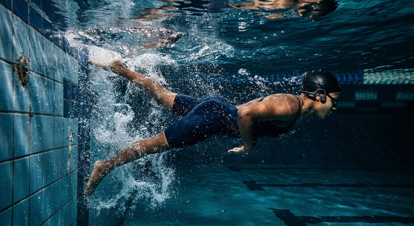 Moody, high-speed action shot of an athlete pushing off the wall in a swimming pool, highlighting the hydrodynamic profile of their waterproof audio gear.