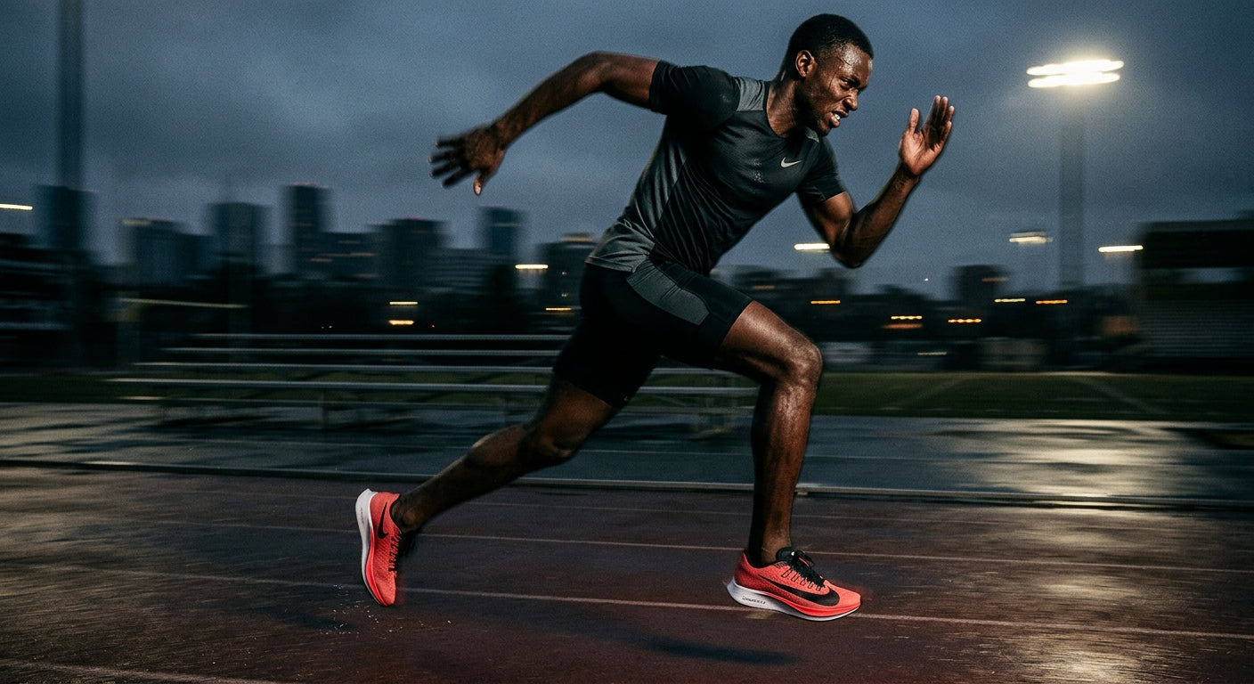 Moody, high-speed action shot of an athlete sprinting in Nike Zoom Fly 7 shoes with realistic motion blur and dramatic contrast.