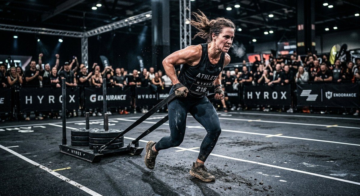 Moody, high-speed photography capturing the intense focus and physical strain of a Hyrox athlete pulling a weighted sled on a rubberised track.