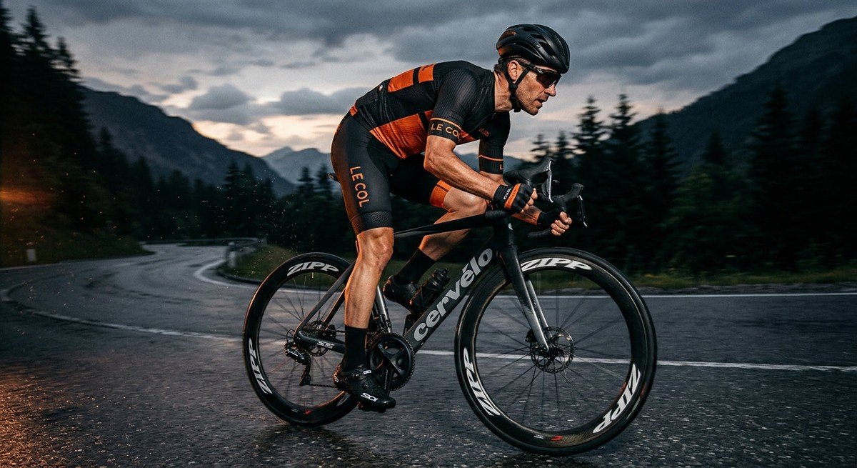 Moody, high-speed photography of a road cyclist accelerating, with motion blur on the wheels and pavement.