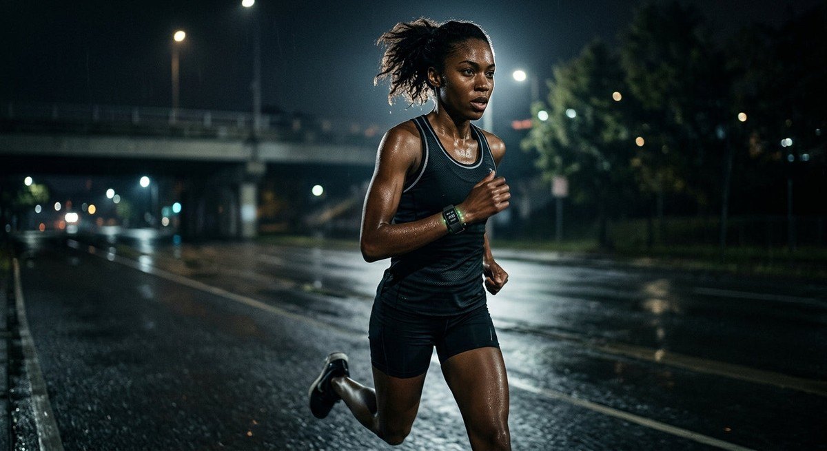 Moody lighting capturing the intensity of a runner in motion, emphasizing the slim profile and textures of a next-generation biometric fitness tracker.