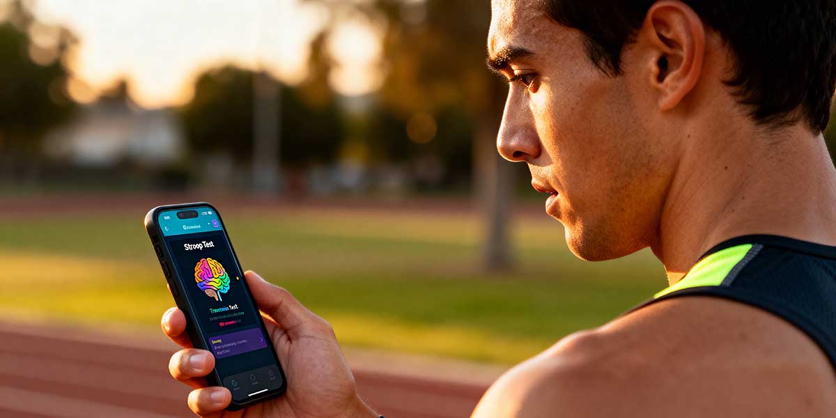 An athlete performing a neuro-priming cognitive drill on a smartphone before a run, demonstrating the use of the Stroop task to engage the brain and reduce central fatigue.