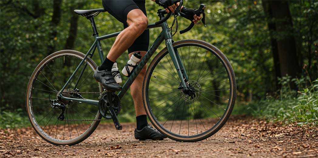 Full length shot of an off-road cyclist riding over a dirt trail in the woods showing strong tyre grip.