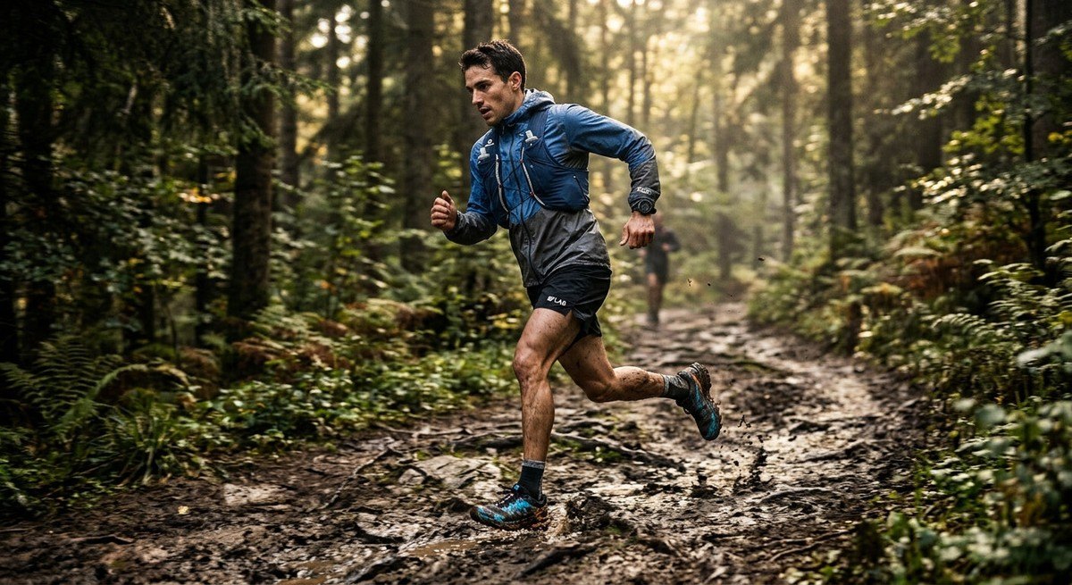 Professional action shot of a trail runner wearing Salomon Genesis 2 shoes, sprinting through a muddy forest trail with motion blur.