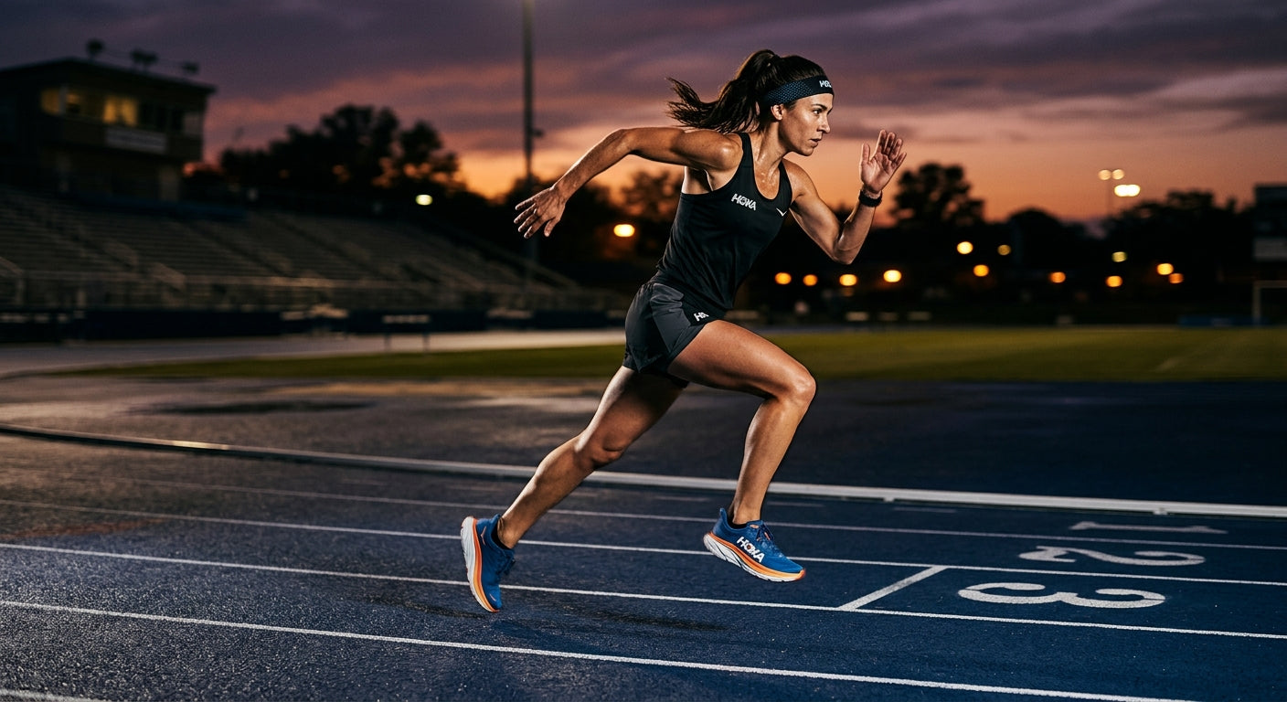 Professional action shot of an athlete wearing Hoka Skyflow 2 running on a synthetic track at dusk with cinematic lighting