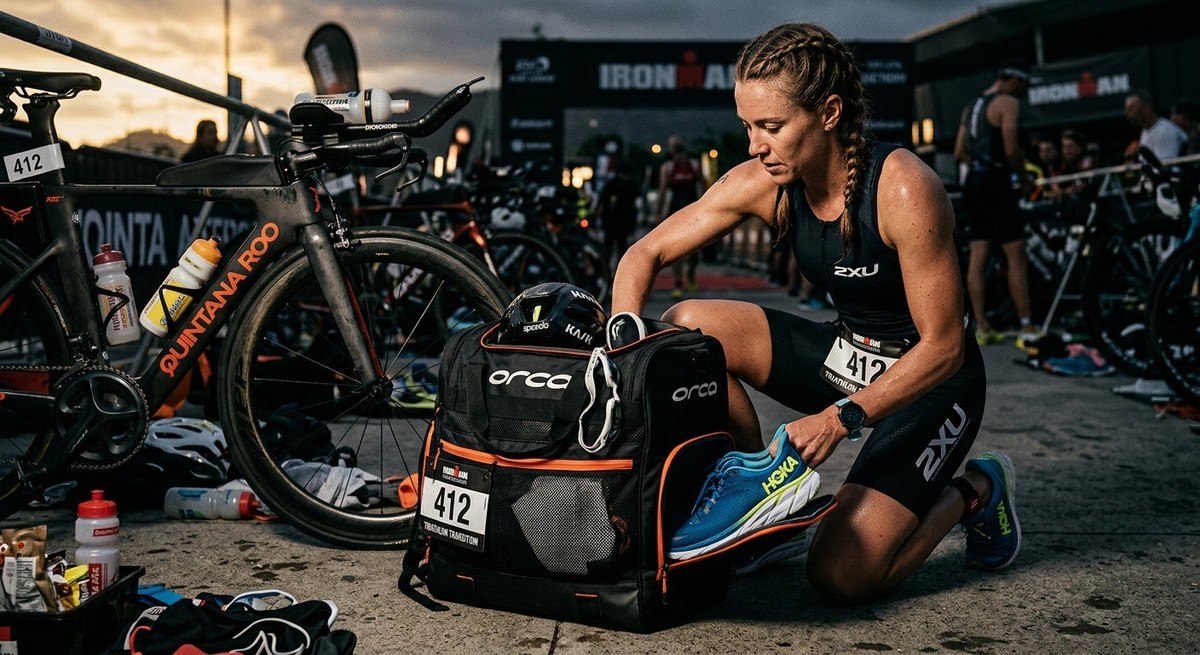 Professional athlete placing gear into a premium triathlon transition bag, featuring sharp details and realistic textile textures in a moody, high-contrast environment.