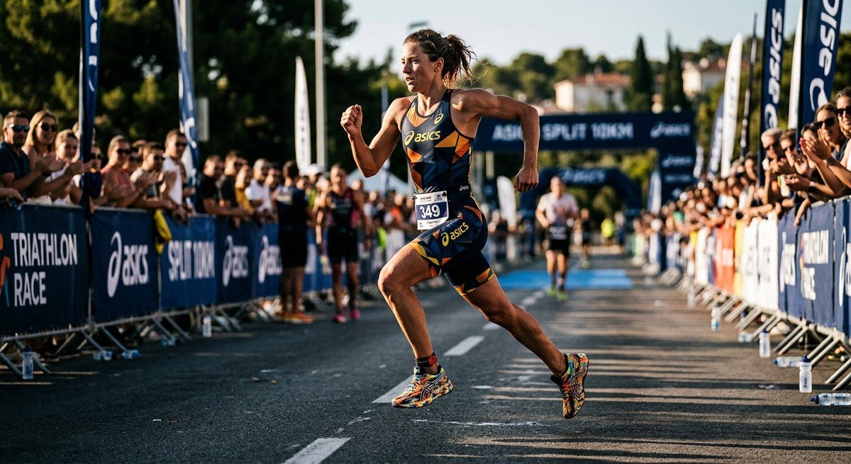 Professional athlete sprinting in Asics Noosa Tri 17 shoes during a triathlon race with cinematic high-contrast lighting.