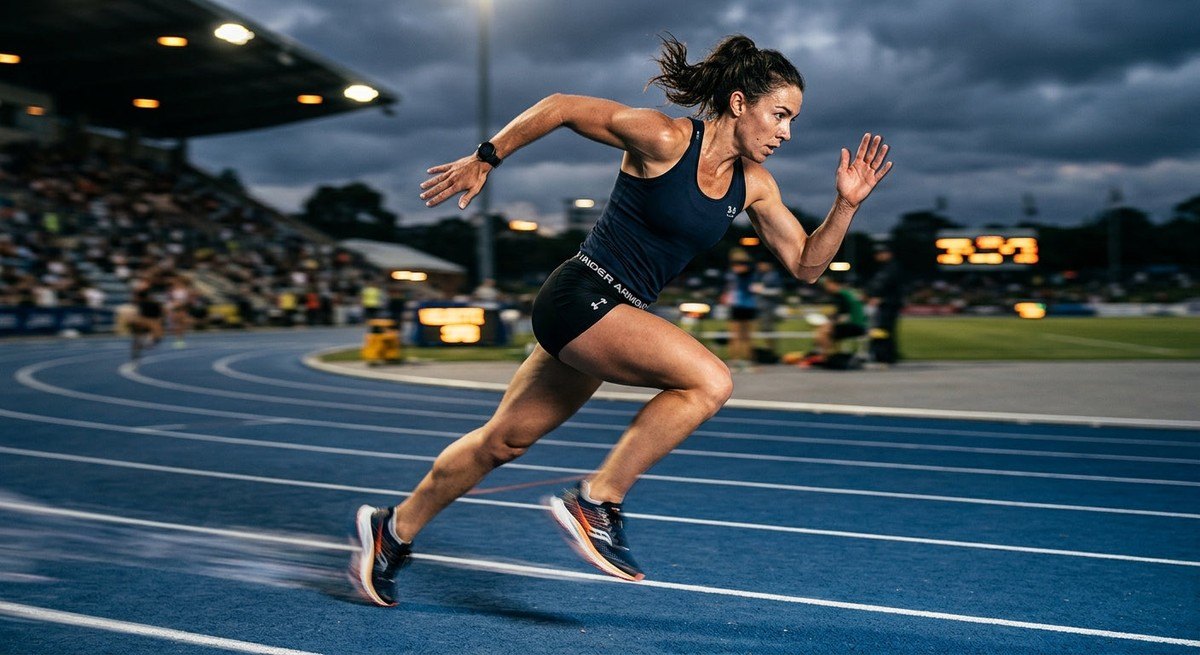 Professional athletic photography of a runner sprinting on a track, the Velociti SPD shoe blurred with motion to emphasize speed and aerodynamic design.