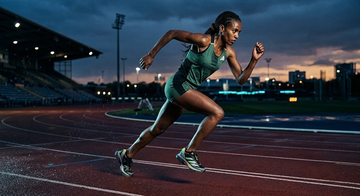 Professional athletic photography of a runner sprinting on a track, wearing the upcoming Adidas Adizero Pacer, with sharp fine details and a moody, high-contrast cinematic aesthetic.