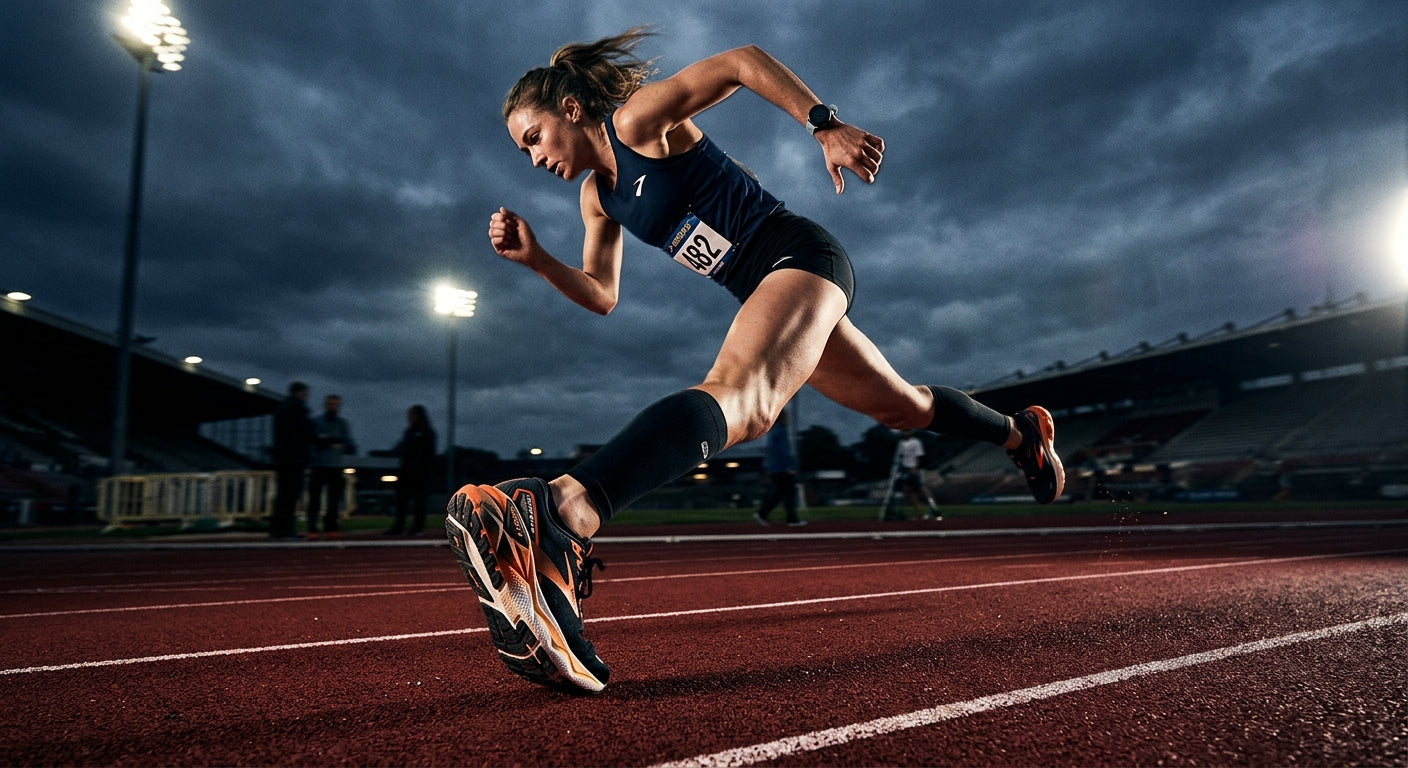 Professional athletic photography of a runner sprinting on a track, featuring the Ghost Max 4 with intense contrast and sharp lighting to emphasise the structural geometry of the heel.