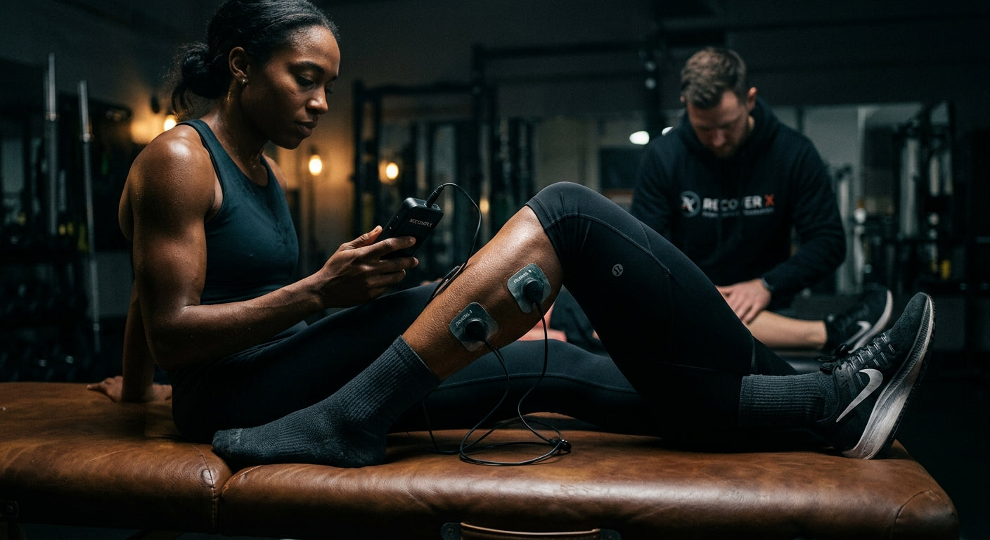 Professional athletic recovery session showing a muscle stimulator device attached to a runner's calf muscle with sharp, textured detail and moody cinematic contrast.