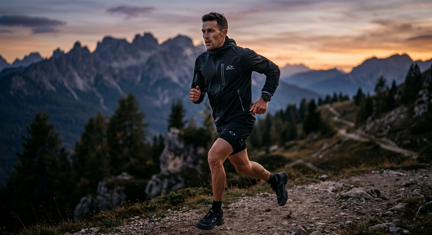 Professional cinematic shot of an athlete training outdoors at twilight with sharp focus on the Oakley Suture Jacket design