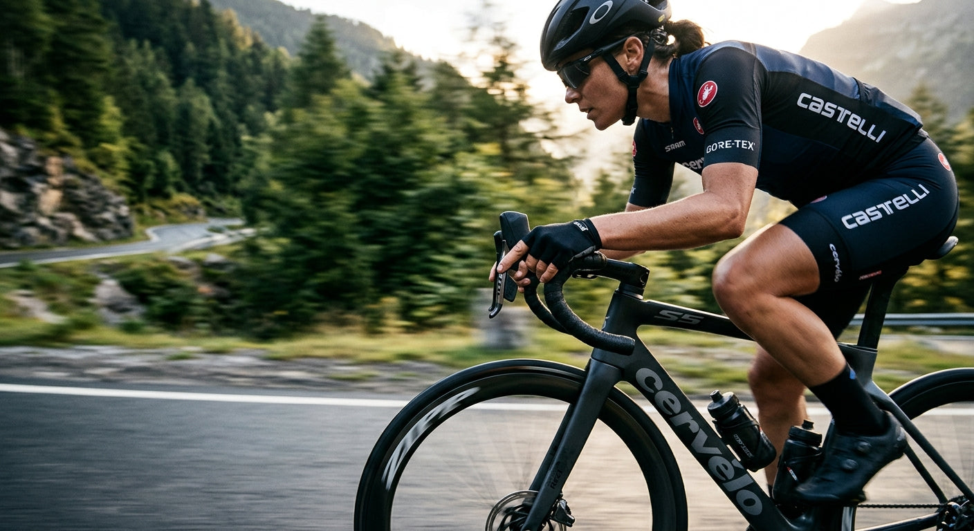 Professional cyclist in motion with a blurred background, focusing on the sleek, wireless electronic shifter unit on a high-end bike.