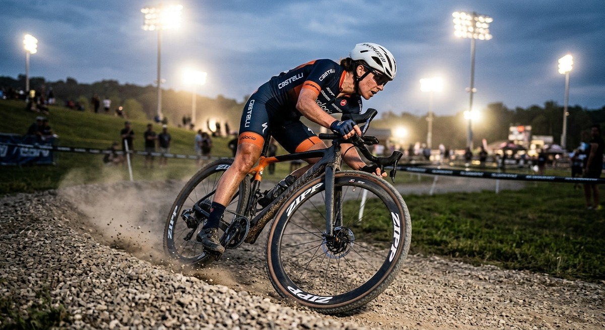 Professional cyclist leaning hard into a gravel corner, highlighting the deep-section carbon rim profile and cinematic stadium-style lighting.