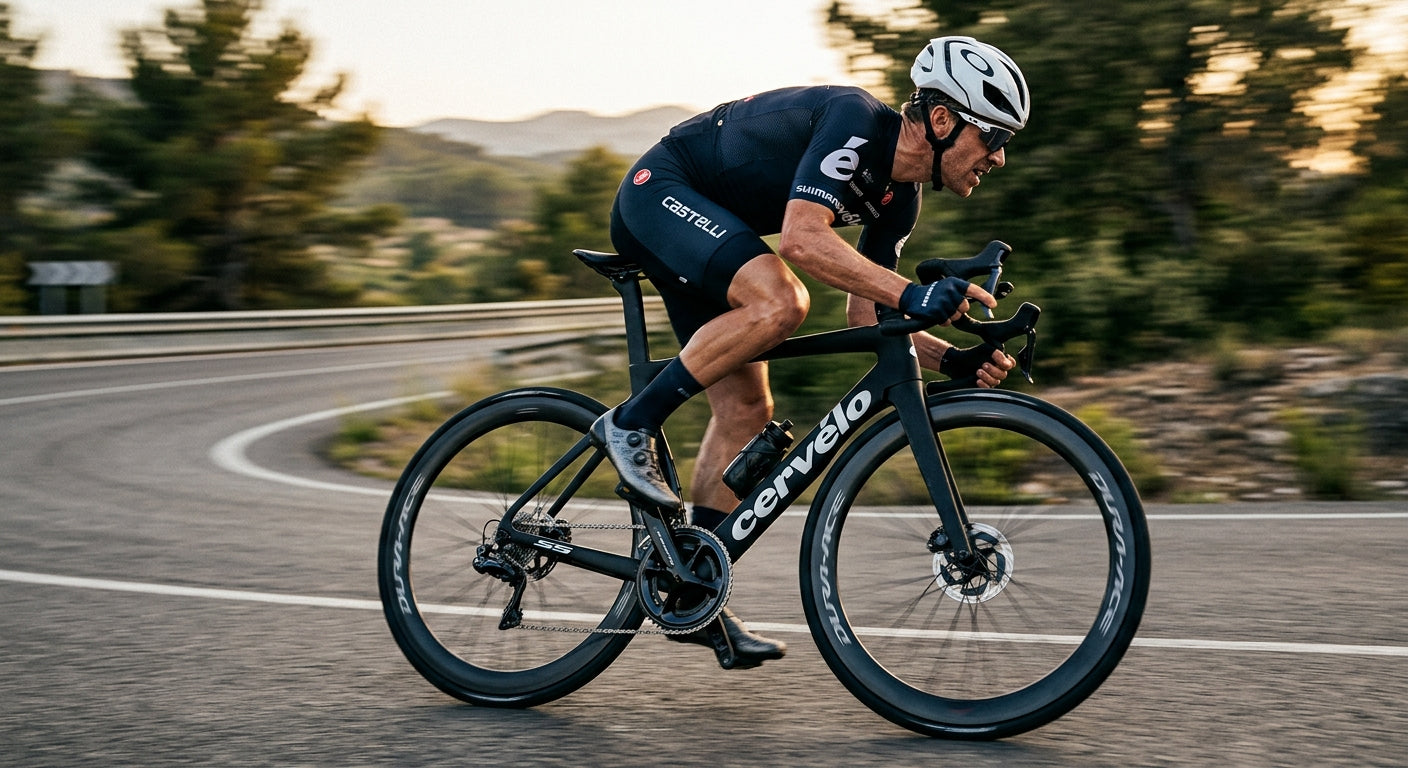 Professional cyclist sprinting on a road bike equipped with Shimano Dura-Ace Di2, capturing motion blur and sharp metallic textures.