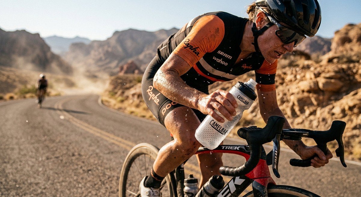 Professional cyclist training in extreme heat, with sharp focus on the hydration bidon and beads of sweat, captured in a cinematic, high-speed action photograph.