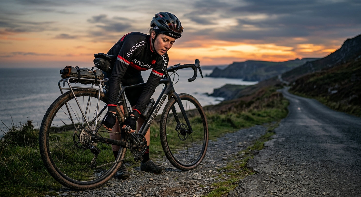 Professional cyclist wearing a Sundried thermal jersey and cycling cap, adjusting gear on a bike with a rigid rack system during a dusk training session.
