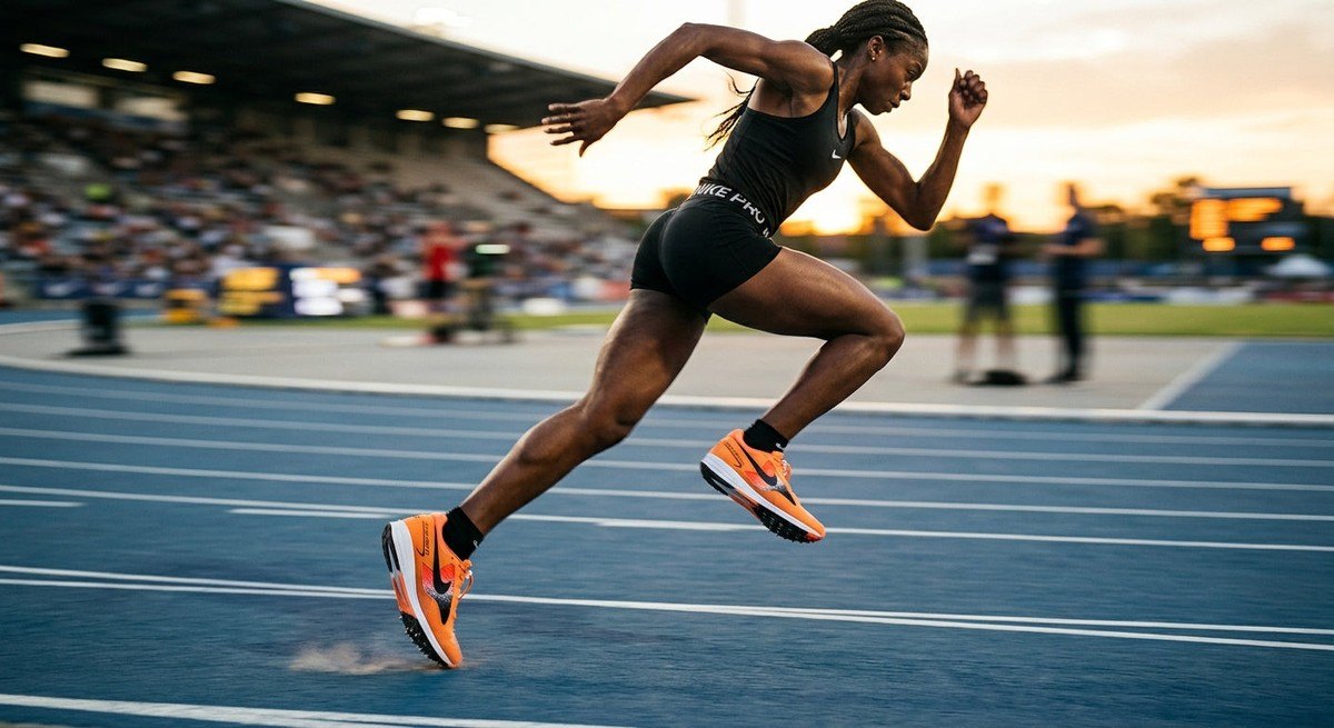 Professional high-speed action photography of a runner wearing Nike Zoom Skylon 11 shoes, with motion blur on the track and focused, sharp detail on the footwear.