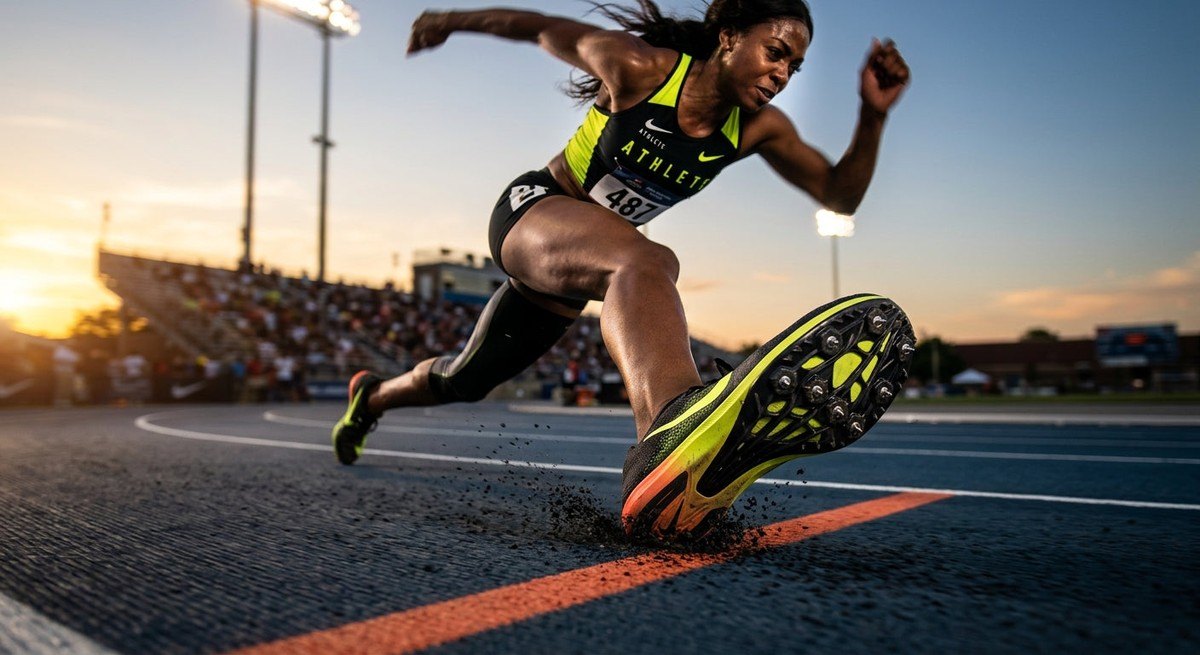 Professional high-speed action photography of an athlete sprinting on a track, focusing on the aggressive geometry of the shoe.