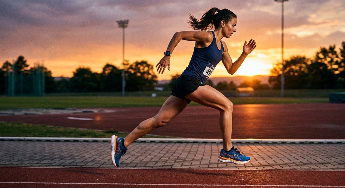 Professional high-speed action shot of a runner wearing the ASICS Cumulus 28 with motion blur on the legs.