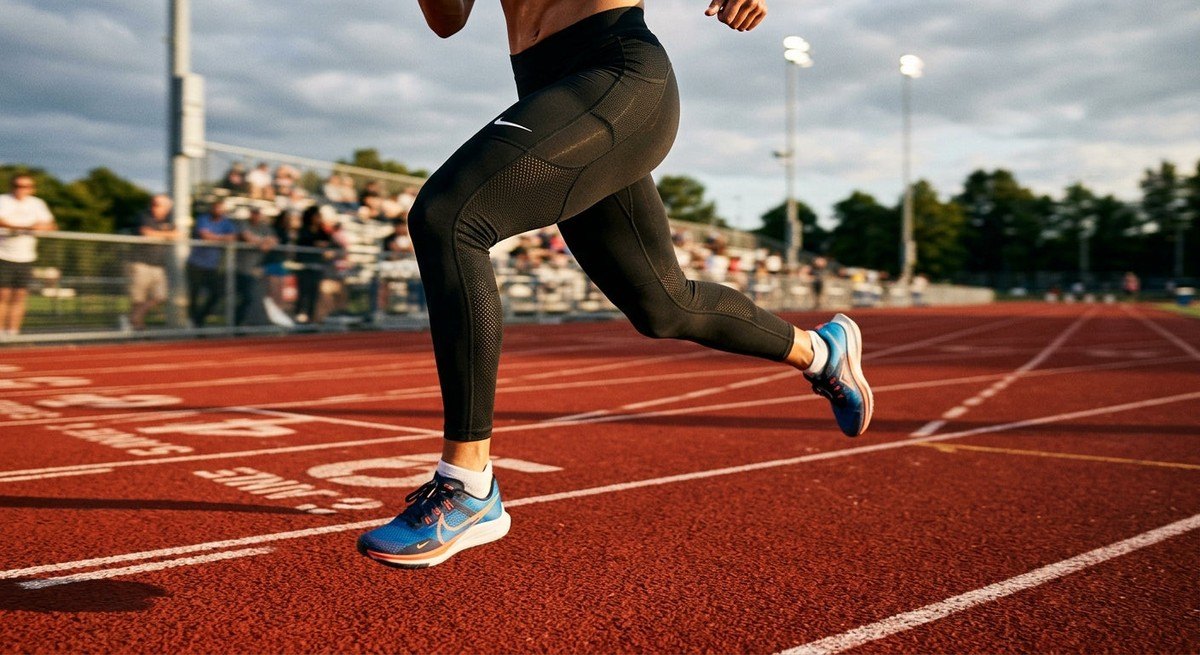 Professional high-speed photography of a runner's knees mid-stride on a track, highlighting the texture and quality of athletic compression gear.
