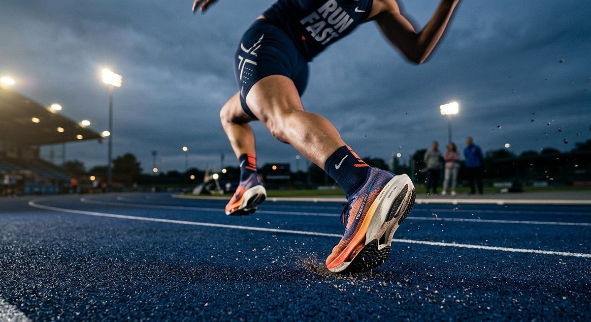 Professional high-speed photography of a runner sprinting on a track, focusing on the texture and cushioning of the running shoes