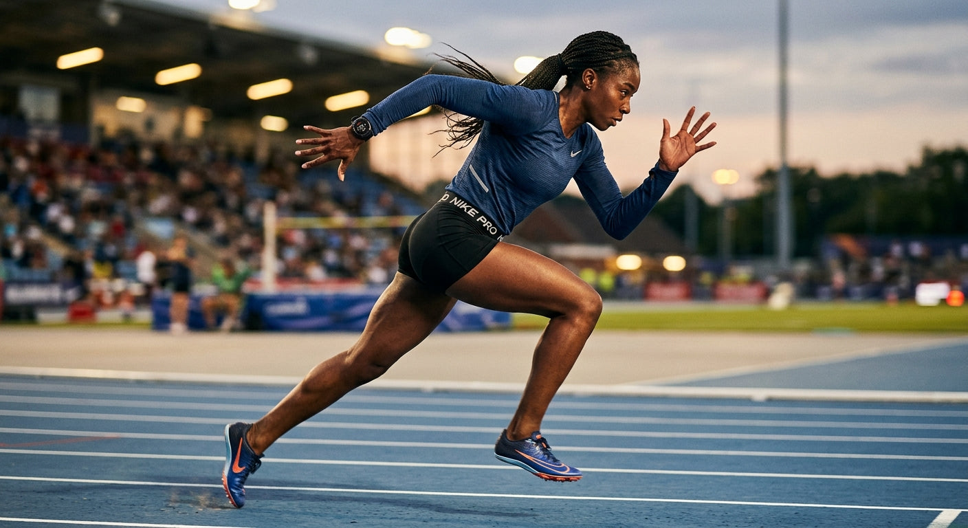 Professional high-speed photography of a runner sprinting on a track, highlighting the detail of a high-performance smartwatch.