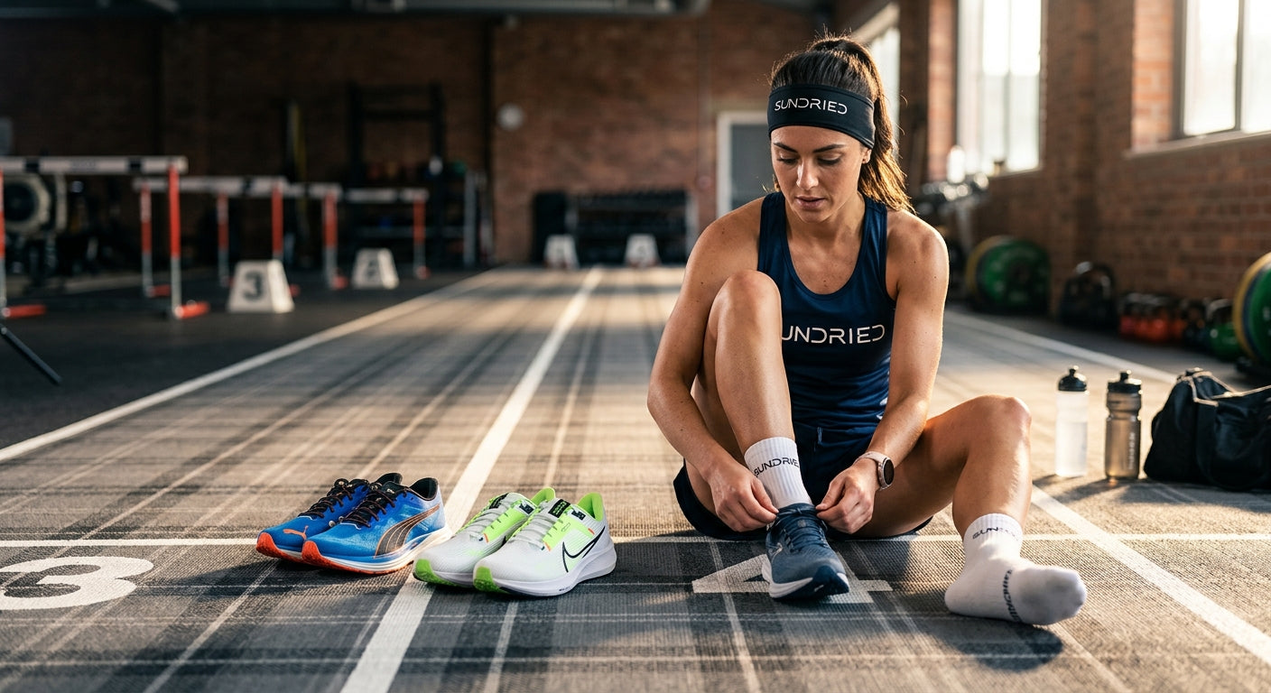 Professional studio photography of a fitness enthusiast wearing Sundried running gear and a headband, preparing for a run with both Puma and Nike shoes placed on a professional track surface.