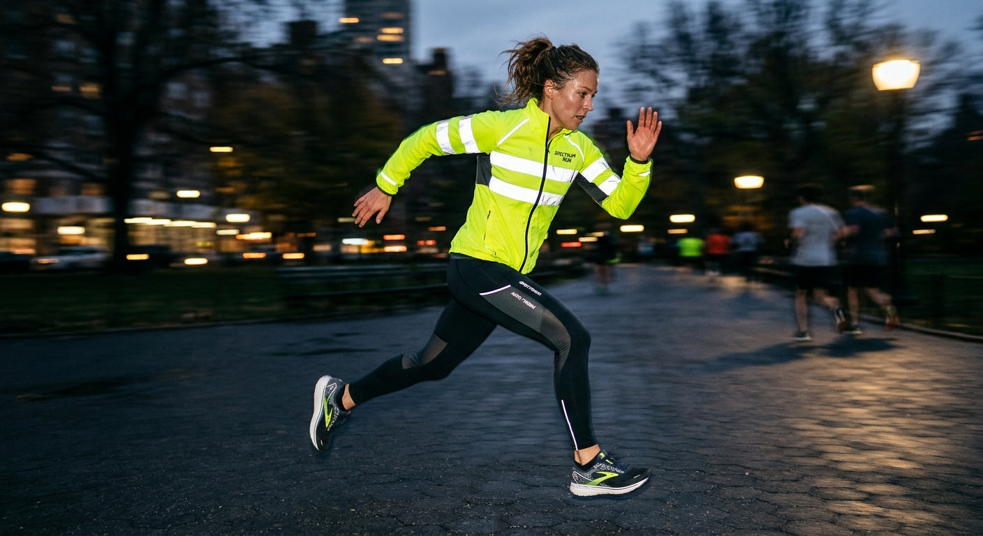 Realistic texture and running motion blur showing a runner wearing a bright reflective jacket and thermal tights during a fast sprint.