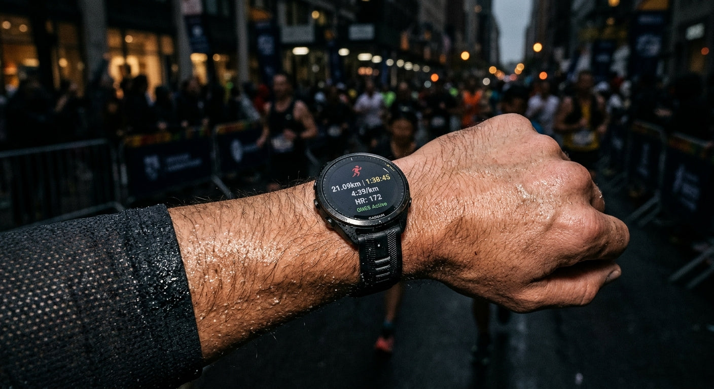 Realistic texture close-up of a multi-band GNSS fitness tracker on a sweaty wrist during an urban marathon with sharp focus and dark background.