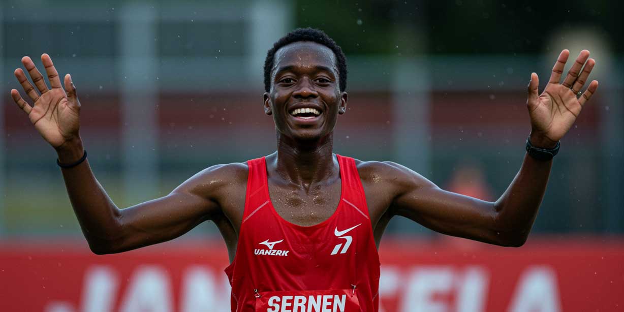 A full length shot of a smiling athlete standing on a running track looking fresh and energised after a training session.